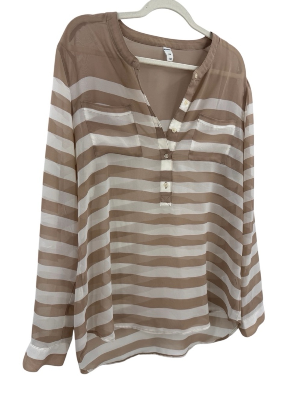 Old Navy Sheer Striped Blouse Tan White Lightweight Button Front Top Womens L